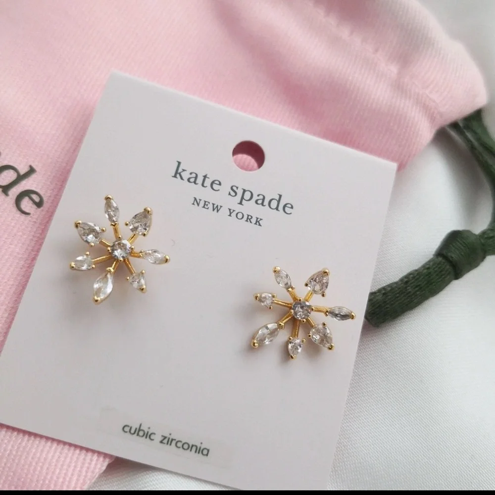 Kate Spade Gold and Clear Cubic Zerconia Snowday Snowflake Stud Earrings
